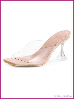 Women's Clear Heeled Sandals Square Toe Transparent Slip On Shoes